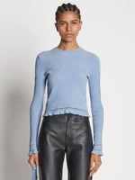 Front cropped image of model wearing Cropped Turtleneck Chenille Sweater
 in PERIWINKLE