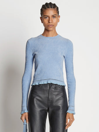 Front cropped image of model wearing Cropped Turtleneck Chenille Sweater
 in PERIWINKLE