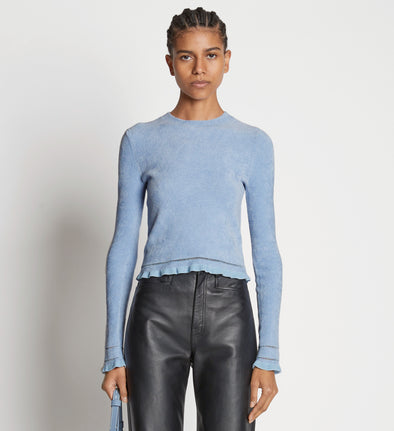 Front cropped image of model wearing Cropped Turtleneck Chenille Sweater
 in PERIWINKLE