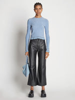 Front full length image of model wearing Cropped Turtleneck Chenille Sweater
 in PERIWINKLE