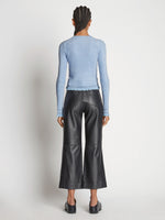 Back full length image of model wearing Cropped Turtleneck Chenille Sweater
 in PERIWINKLE