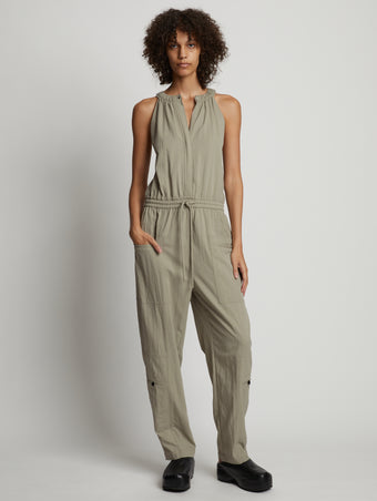 Front full length image of model wearing Drapey Suiting Tank Jumpsuit in GREY