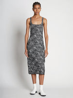 Front full length image of model wearing Speckle Knit Dress in PEARL/BLACK