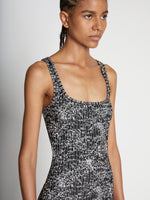 Detail image of model wearing Speckle Knit Dress in PEARL/BLACK