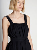 Back full length image of model wearing Drapey Suiting Belted Dress in BLACK
