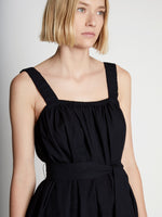 Back full length image of model wearing Drapey Suiting Belted Dress in BLACK