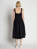 Detail image of model wearing Drapey Suiting Belted Dress in BLACK