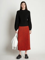 Front full length image of model wearing Pleatable Crepe Midi Skirt
 in VERMILLION/BLACK