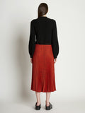 Back full length image of model wearing Pleatable Crepe Midi Skirt
 in VERMILLION/BLACK