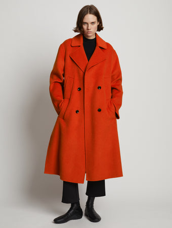Front full length image of model wearing Melton Double Face Coat in VERMILLION MELANGE