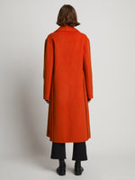 Back full length image of model wearing Melton Double Face Coat in VERMILLION MELANGE