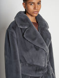 Detail image of model wearing Faux Fur Belted Coat in DARK GREY