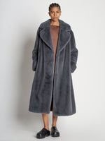 Front alternate image of Faux Fur Belted Coat in DARK GREY