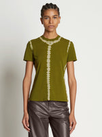 Front cropped image of model wearing Tie Dye T-Shirt in AVOCADO/GREEN