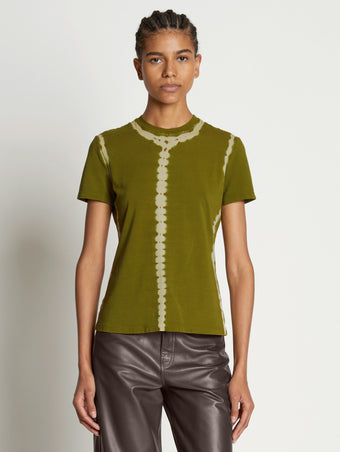 Front cropped image of model wearing Tie Dye T-Shirt in AVOCADO/GREEN