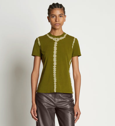 Front cropped image of model wearing Tie Dye T-Shirt in AVOCADO/GREEN