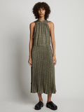 Front full length image of model wearing Pleatable Crepe Drawstring Dress in STONE/BLACK