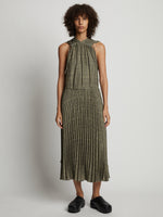 Front full length image of model wearing Pleatable Crepe Drawstring Dress in STONE/BLACK