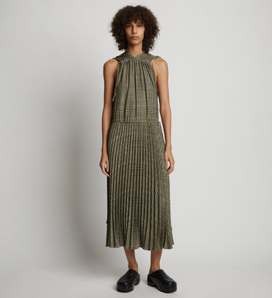 Front full length image of model wearing Pleatable Crepe Drawstring Dress in STONE/BLACK