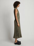 Side full length image of model wearing Pleatable Crepe Drawstring Dress in STONE/BLACK