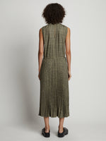 Back full length image of model wearing Pleatable Crepe Drawstring Dress in STONE/BLACK