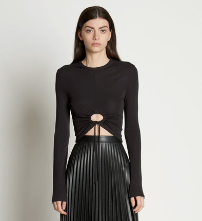 Front cropped image of model wearing Matte Crepe Drawstring Top in BLACK