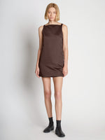 Front full length image of model wearing Sleeveless Satin Dress in MOCHA