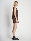 Side full length image of model wearing Sleeveless Satin Dress in MOCHA