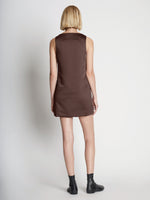 Back full length image of model wearing Sleeveless Satin Dress in MOCHA