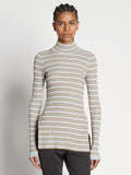 Front cropped image of model wearing Stripe Knit Turtleneck in PERIWINKLE MULTI