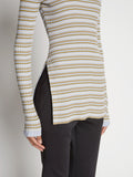 Detail image of model wearing Stripe Knit Turtleneck in PERIWINKLE MULTI
