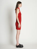 Side full length image of model wearing Sleeveless Cashfeel Mini Dress in VERMILLION