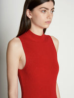 Detail image of model wearing Sleeveless Cashfeel Mini Dress in VERMILLION