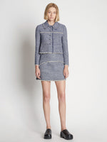 Front full length image of model wearing Tweed Mini Skirt in BLUE MULTI