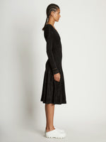 Side full length image of model wearing Scoop Neck Chenille Dress in BLACK