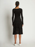 Back full length image of model wearing Scoop Neck Chenille Dress in BLACK