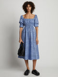 Front full length image of model wearing Grid Poplin Square Neck Dress in PERIWINKLE/BLACK