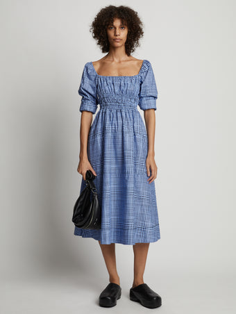 Front full length image of model wearing Grid Poplin Square Neck Dress in PERIWINKLE/BLACK
