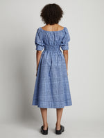 Back full length image of model wearing Grid Poplin Square Neck Dress in PERIWINKLE/BLACK