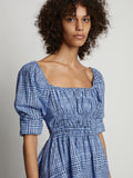 Detail image of model wearing Grid Poplin Square Neck Dress in PERIWINKLE/BLACK