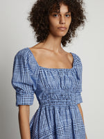 Detail image of model wearing Grid Poplin Square Neck Dress in PERIWINKLE/BLACK