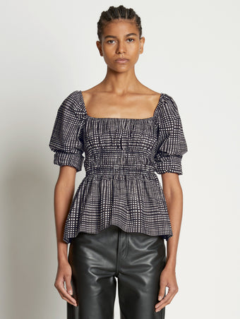 Front cropped image of model wearing Grid Poplin Square Neck Top in CREAM/BLACK