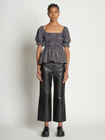 Front full length image of model wearing Grid Poplin Square Neck Top in CREAM/BLACK