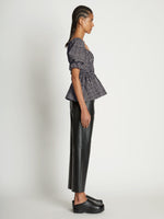 Side full length image of model wearing Grid Poplin Square Neck Top in CREAM/BLACK