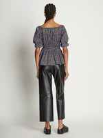 Back full length image of model wearing Grid Poplin Square Neck Top in CREAM/BLACK