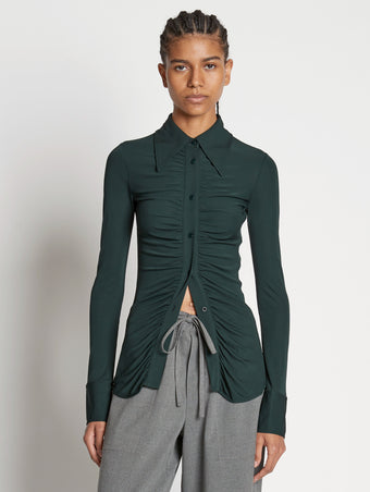 Front cropped image of model wearing Matte Crepe Button Down in PINE