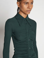 Detail image of model wearing Matte Crepe Button Down in PINE