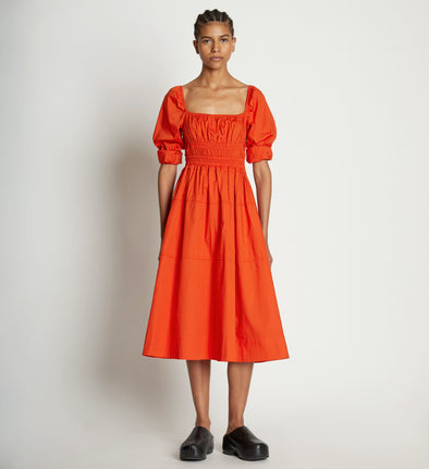 Front full length image of model wearing Square Neck Poplin Dress in CHERRY