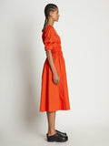 Side full length image of model wearing Square Neck Poplin Dress in CHERRY