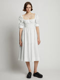 Front full length image of model wearing Square Neck Poplin Dress in OFF WHITE